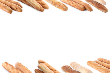 Set with freshly baked tasty baguettes on white backgroundの写真素材