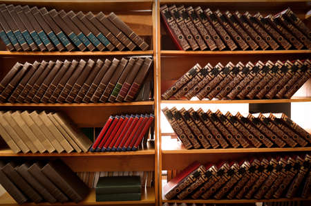 Collection of different books on shelves in library