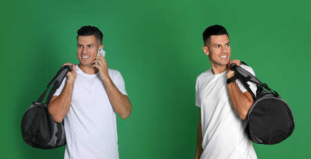 Man with sports bag on green background, collage. Banner design