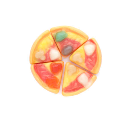 Tasty jelly candies in shape of pizza on white background, top viewの写真素材