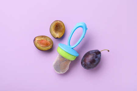Nibbler with fresh plum on violet background, flat lay. Baby feeder