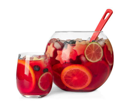 Glass and bowl of Red Sangria isolated on whiteの写真素材