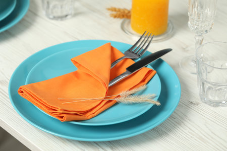 Elegant festive setting on white wooden table, closeupの写真素材