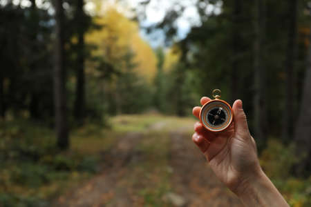 Woman using compass during hiking in forest, closeupの写真素材