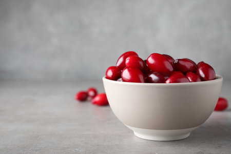 Fresh ripe dogwood berries in bowl on light gray table. Space for textの写真素材