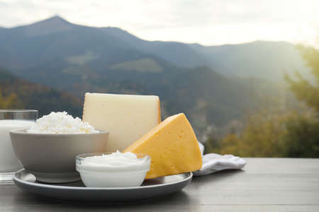 Tasty cottage cheese and other fresh dairy products on gray wooden table in mountains. Space for textの写真素材