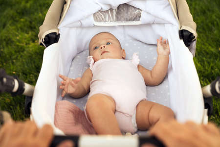 Mother with baby in stroller outdoors, closeupの写真素材
