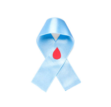Light blue ribbon with paper blood drop on white background, top view. Diabetes awarenessの写真素材