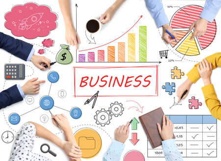 Discussing business process. People and different illustrations on white background, top viewの写真素材