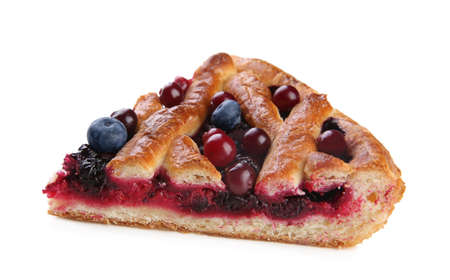 Piece of delicious currant pie and fresh berries isolated on whiteの写真素材