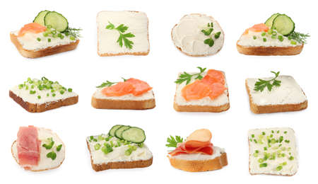 Bread with cream cheese and toppings on white background, collageの写真素材