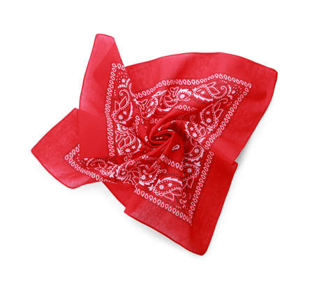 Red bandana with paisley pattern isolated on white, top viewの写真素材