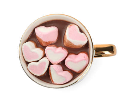 Cup of delicious hot chocolate with marshmallows isolated on white, top view