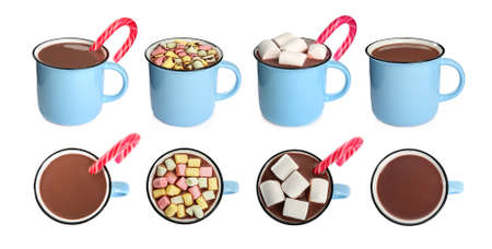 Set with cups of delicious hot chocolate on white background. Banner designの写真素材