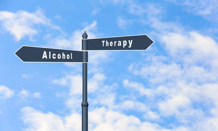 Alcohol addiction: what to choose - therapy or life with bad habit? Signpost with different directions against beautiful blue skyの写真素材