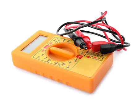 Digital multimeter on white background. Electrician's tool