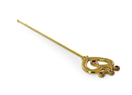 Beautiful golden magic wand isolated on whiteの写真素材
