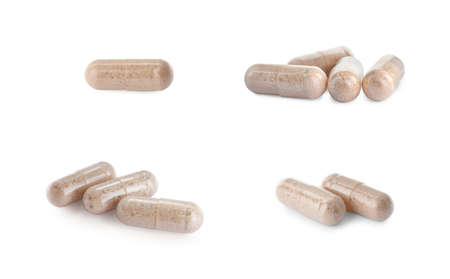 Transparent gelatin capsules on white background, collageの写真素材