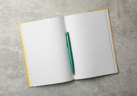 Open notebook and pen on gray table, top view. Personal planning