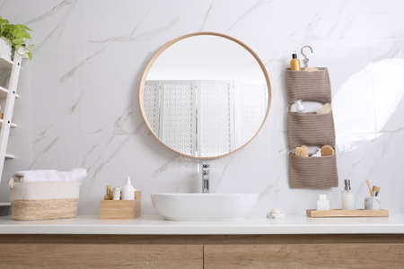 Bathroom interior with essentials and stylish accessoriesの写真素材