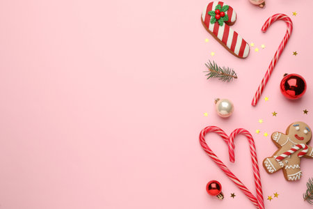 Flat lay composition with sweet candy canes and Christmas decor on pink background, space for textの写真素材