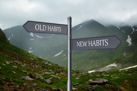 Alcohol addiction: what to choose - life with old bad habits or new good ones? Signpost with different directions against mountain landscapeの写真素材
