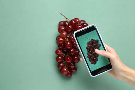 Woman taking photo of fresh ripe grapes on turquoise background, top view. Space for textの写真素材