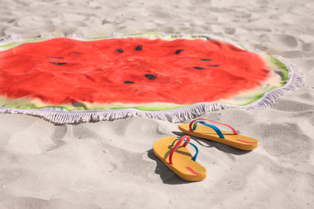 Flip flops and watermelon beach towel with tassels on sandの写真素材