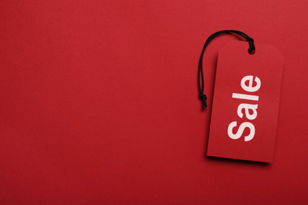 Tag and space for text on red background, top view. Black Friday saleの写真素材