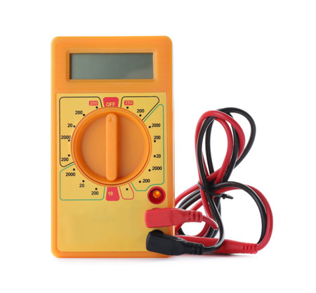 Digital multimeter on white background. Electrician's tool