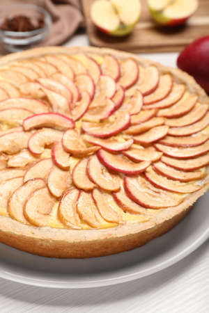 Tasty apple pie on white wooden table, closeupの写真素材