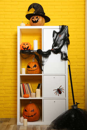 Modern room decorated for Halloween. Festive interiorの写真素材