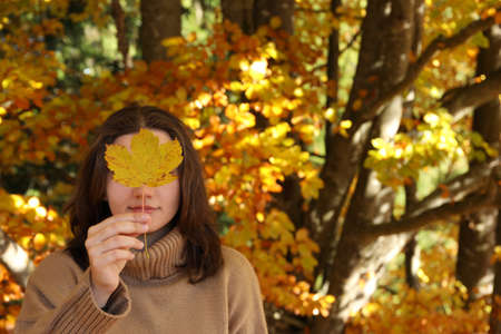Woman holding autumn leaf against her face in forest. Space for textの写真素材