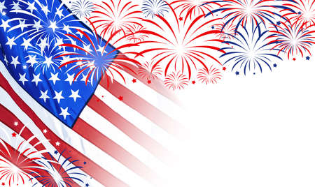 4th of july - Independence Day of USA. American national flag and fireworks on white background, space for designの写真素材