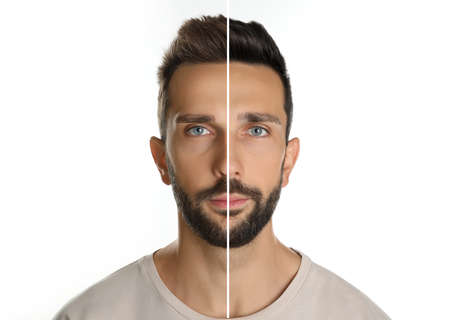 Handsome man before and after hair dyeing on white background, collageの写真素材