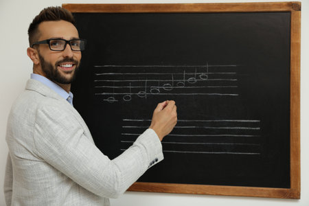 Teacher writing music notes with chalk on blackboard in classroomの写真素材
