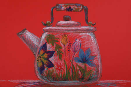 Pastel drawing of beautiful kettle with floral pattern on red backgroundの写真素材