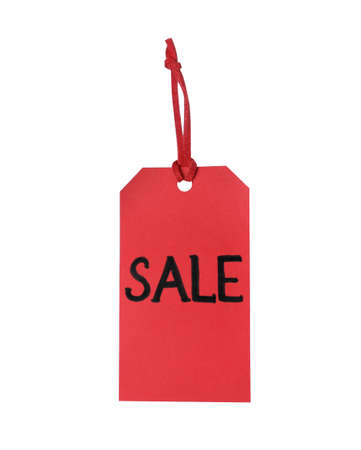 Red tag with word Sale isolated on white. Black Fridayの写真素材