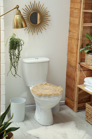 Toilet bowl and green houseplants in bathroom. Interior design