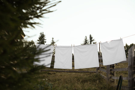 Bedclothes hanging on washing line near wooden fence outdoorsの写真素材