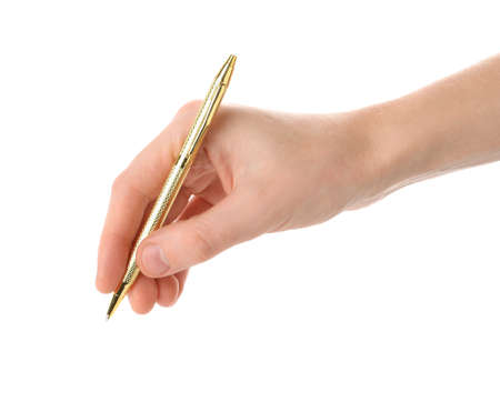 Woman holding pen on white background, closeupの写真素材