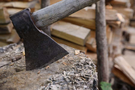Ax with wooden handle near log pile, closeupの写真素材