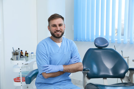 Portrait of professional dentist at workplace in clinicの写真素材