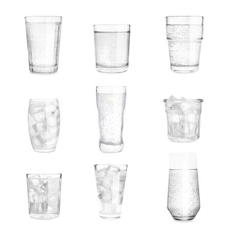 Set with different glasses of soda water on white backgroundの写真素材