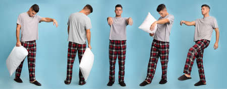 Collage with photos of sleepwalker on light blue background. Banner designの写真素材