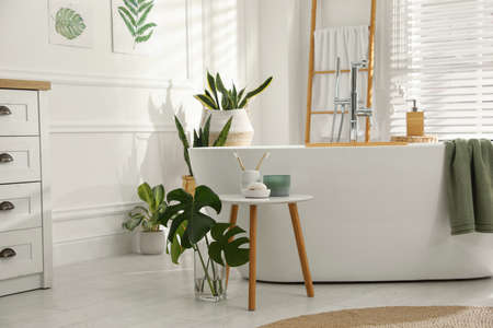 Stylish bathroom interior with green plants. Home design