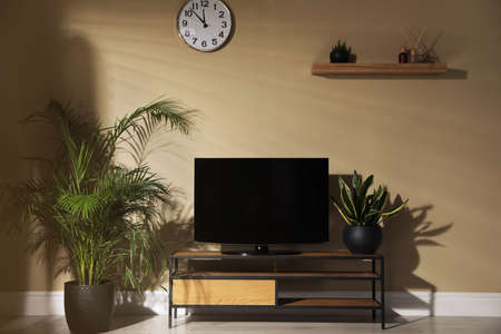 Modern TV on cabinet and green plants near beige wall in room. Interior designの写真素材
