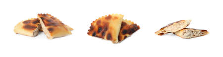 Set with delicious fried chebureki on white background. Banner design