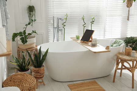 Stylish white tub and green houseplants in bathroom. Interior design