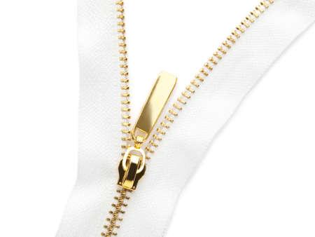 Golden zipper on white background, top viewの写真素材
